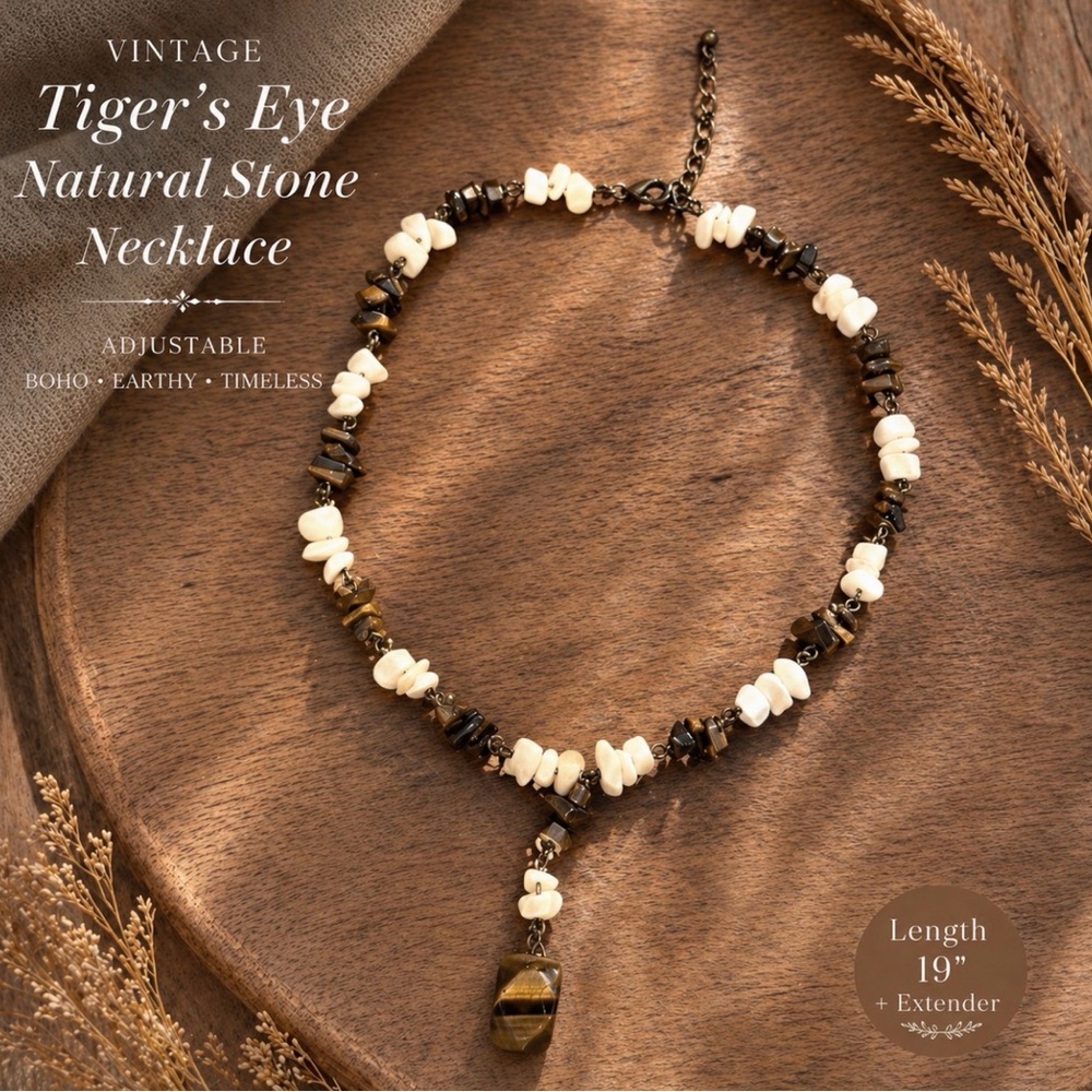 Vintage Tiger’s Eye & Ivory Stone Bead Necklace Boho Artisan Earthy Adjustable